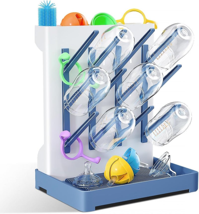 WLMALL Baby Bottle Drying Rack: Vertical Space Saving Large Bottles Holder - Standing Boon Dryer Rack Baby Accessory - Countertop Holds Up to 12 Bottles & Pump Part Cleaning & Cup (Blue) (Blue) - Image 1